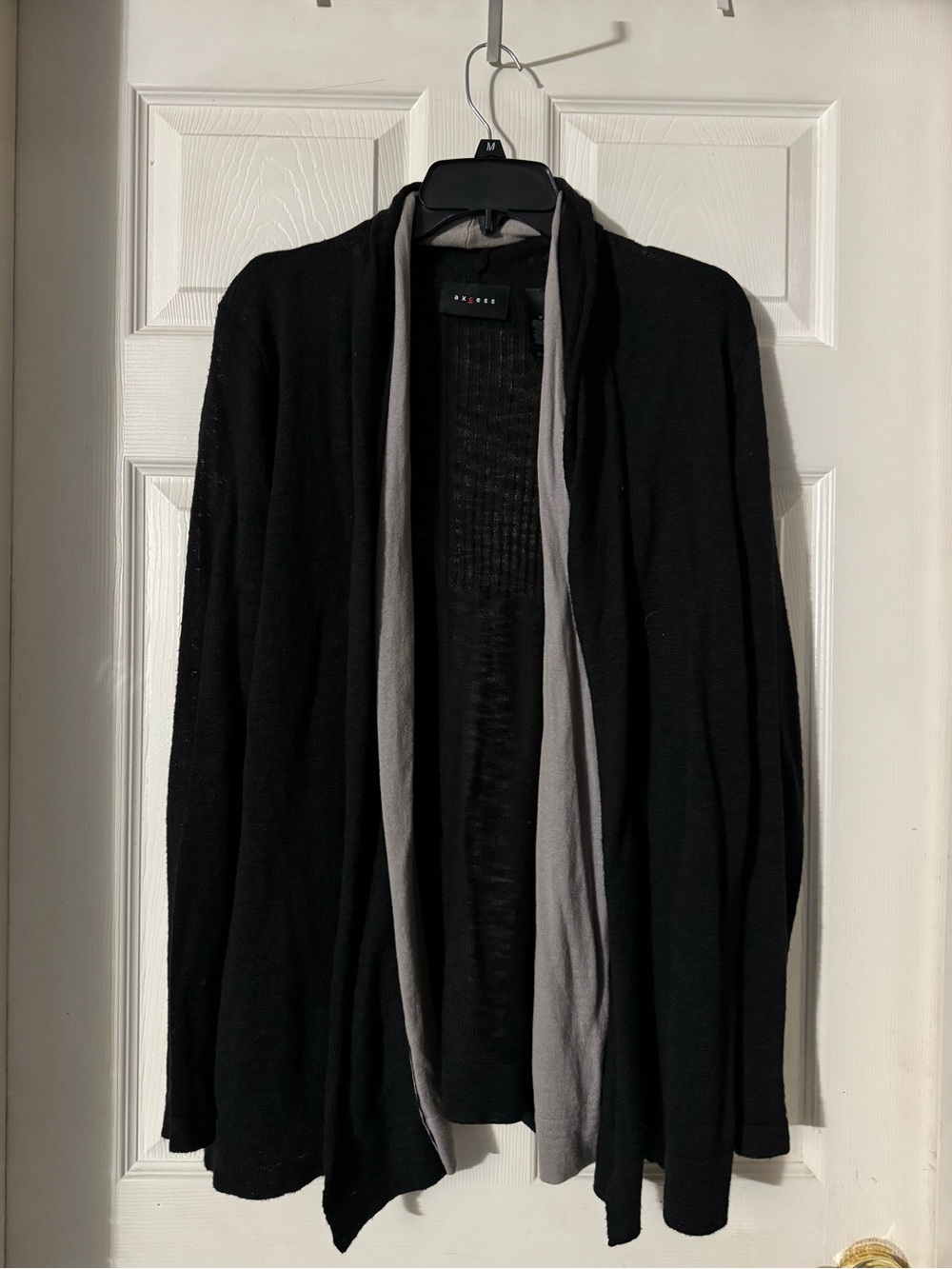 Womens Open-Front Black Cardigan with Grey Trim